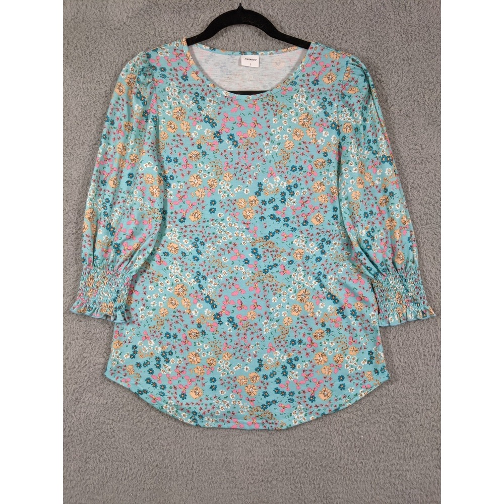 Xieerduo Top Womens S Blue Floral Stretch Smocked Cuff Cottagecore Boho Feminine